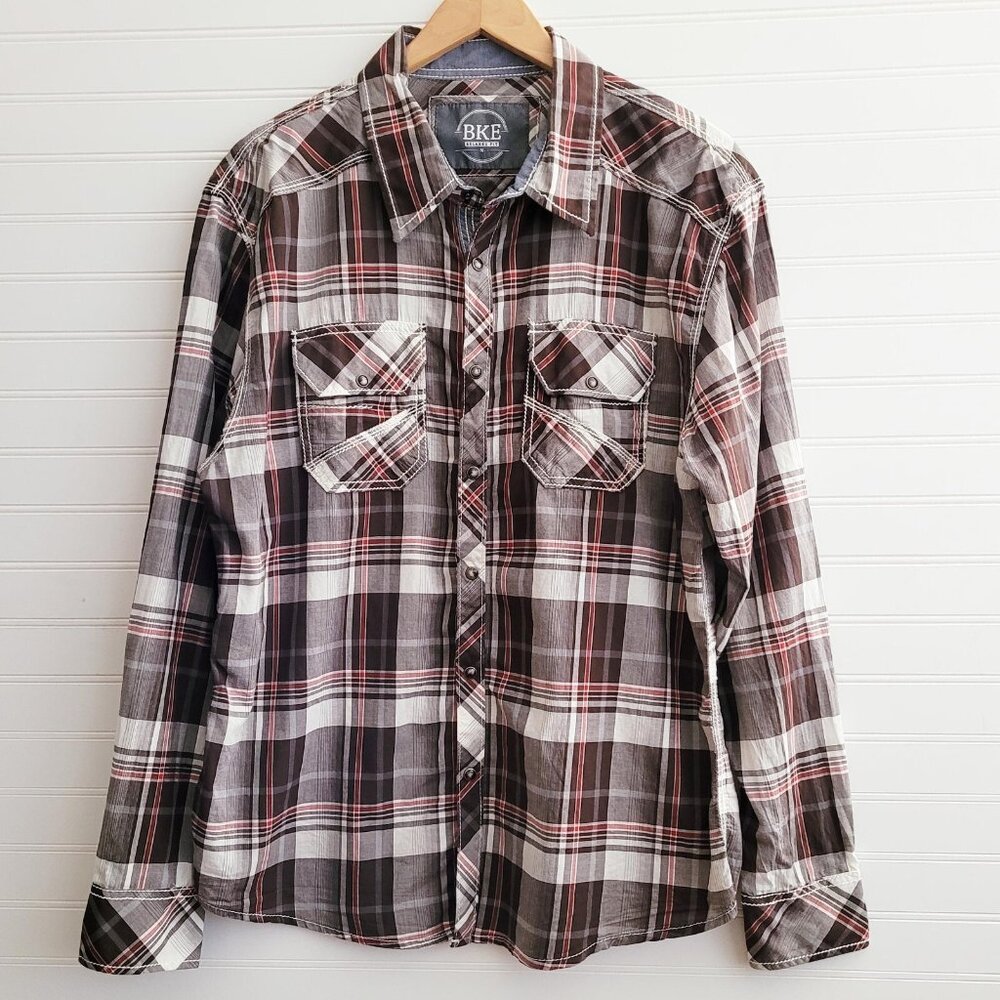 Buckle BKE Shirt Mens Medium Brown Plaid Pearl Snap Button Western Relaxed Fit